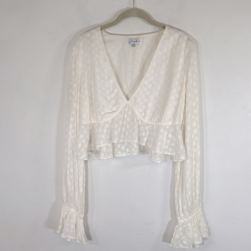 Sabo Skirt Cropped Eyelet & Ruffle 100% Cotton Women’s Size L White Summer Top